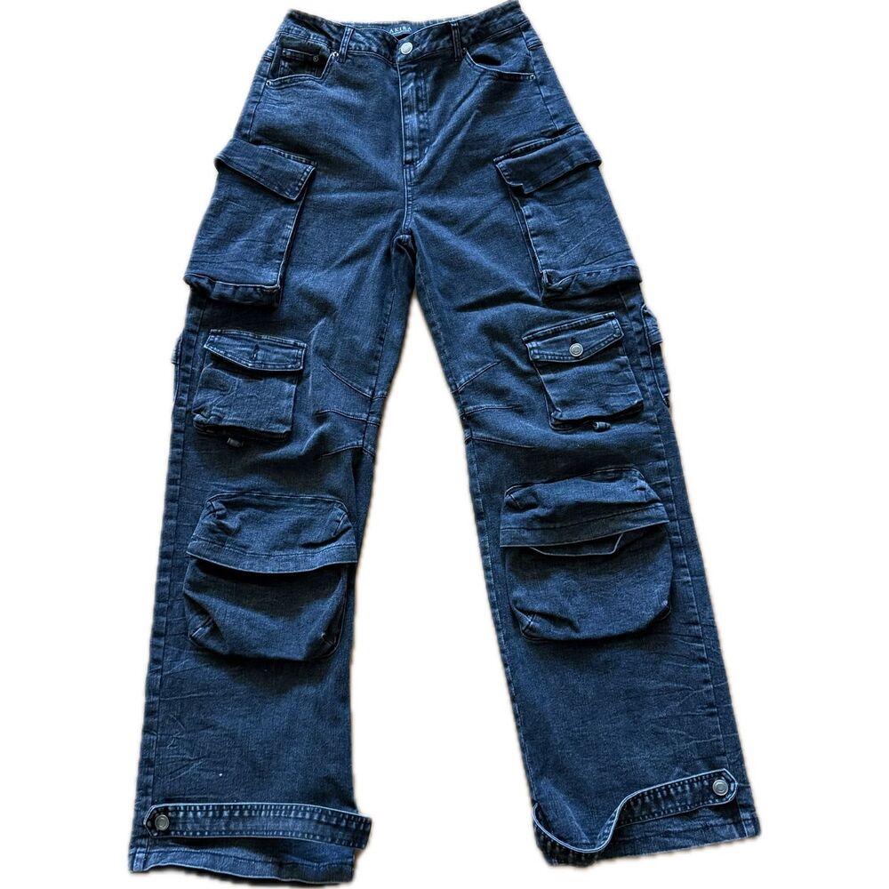 Akira Baggy Relaxed Cargo Denim Jeans Tons of Pockets Women’s Size Small